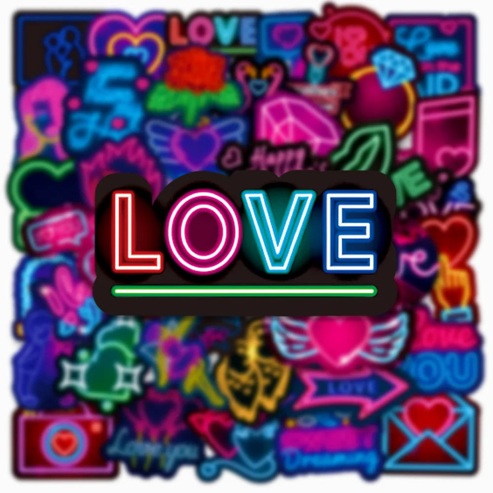 50-Pack Neon Valentine Graffiti Stickers Waterproof for Luggage Notebooks Electric Bicycles Skateboards Mobile Phones Stationery