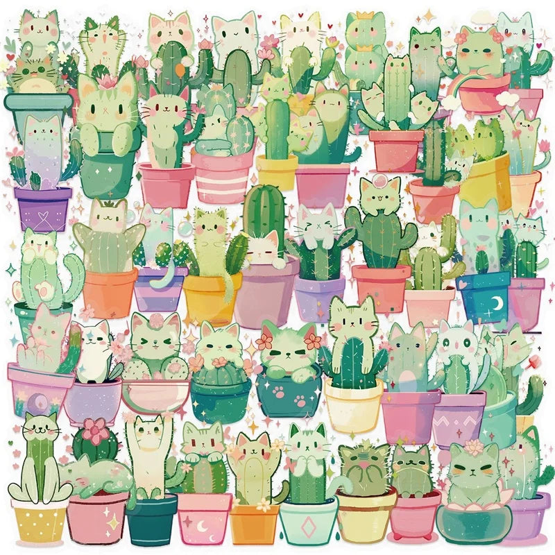 50PCS Kawaii Cactus Cat PET Phone Sticker Aesthetic Tear Open Decoration DIY Colored Laptop Luggage Graffiti Decals