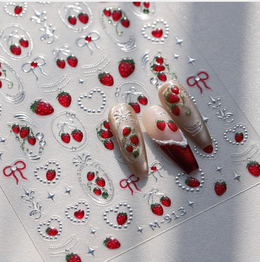 Sweet Single Double Cherry Nail Decorations Stickers Glitter ice-transparent Cherry Back Blue Nail Stickers DIY Manicure Decals