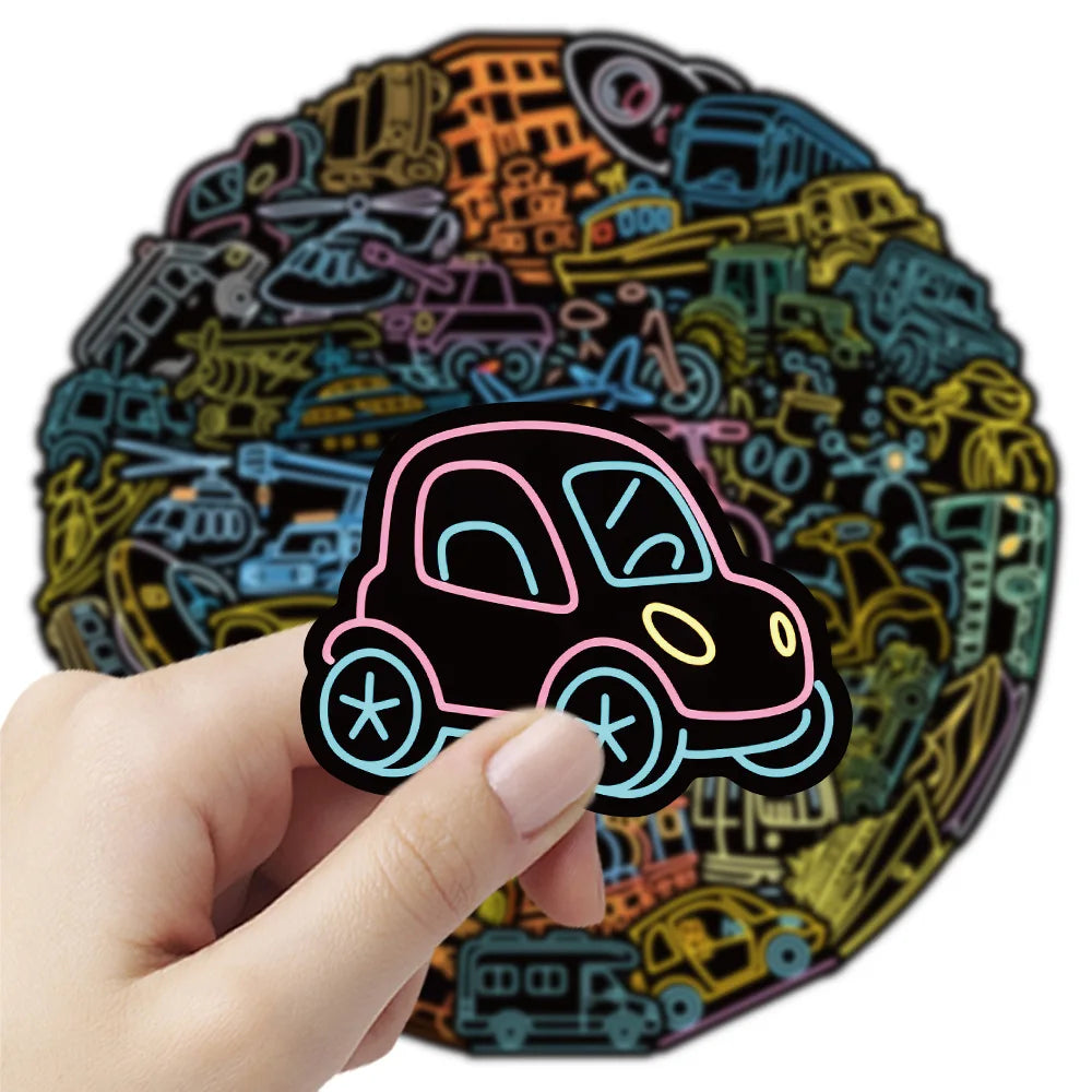 50/100 Pcs Neon Vehicle Cartoon Car Airplane Series Stickers for Helmet Skateboard Cup Laptop Phone Stationery Box Decals