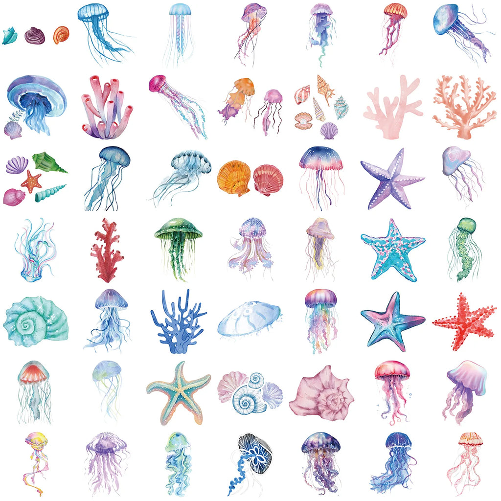50PCS Set of Tropical Fish Graffiti Stickers Jellyfish Sea Star Shell Coral Stickers Decorative Frame DIY Waterproof Stickers