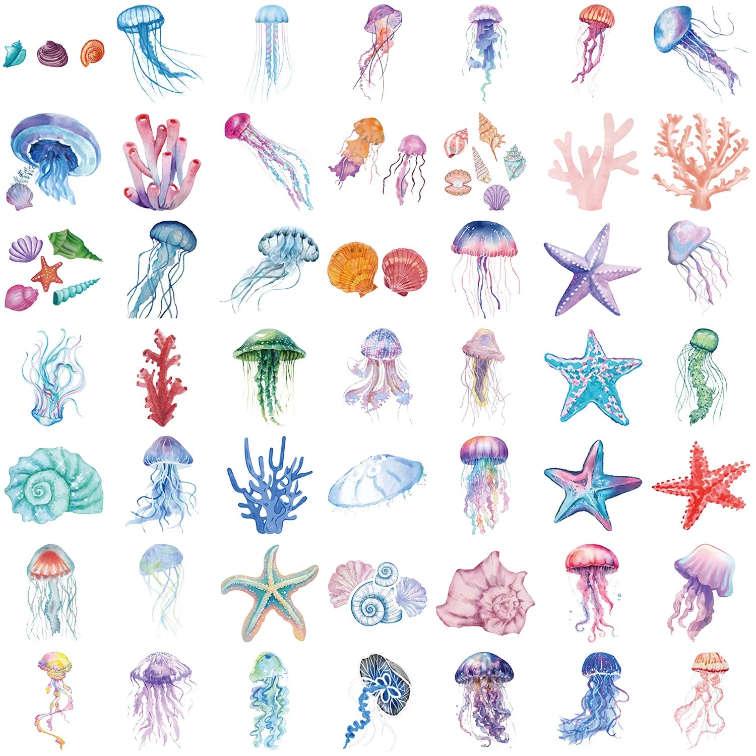 50PCS Set of Tropical Fish Graffiti Stickers Jellyfish Sea Star Shell Coral Stickers Decorative Frame DIY Waterproof Stickers