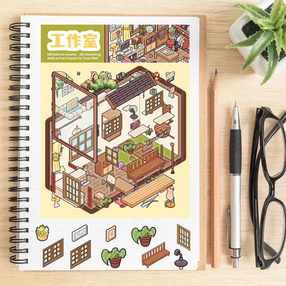 Studio 3D Landscaping Miniature Scene Sticker Harajuku Decompression Casual Scrapbook Personalized Modern Bedroom Stickers