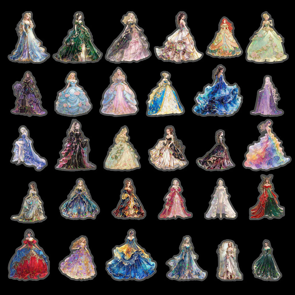30 Pcs Evening Dress Dress Up PET Stickers Retro Girl Laser Laser Hot Stamping Decorative Water CupStickers