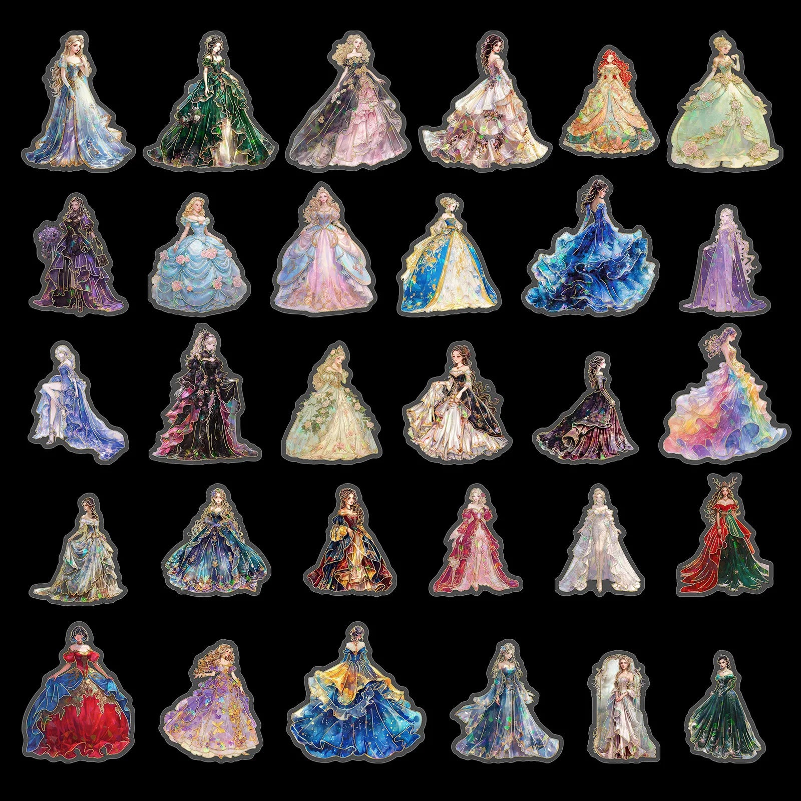 30 Pcs Evening Dress Dress Up PET Stickers Retro Girl Laser Laser Hot Stamping Decorative Water CupStickers
