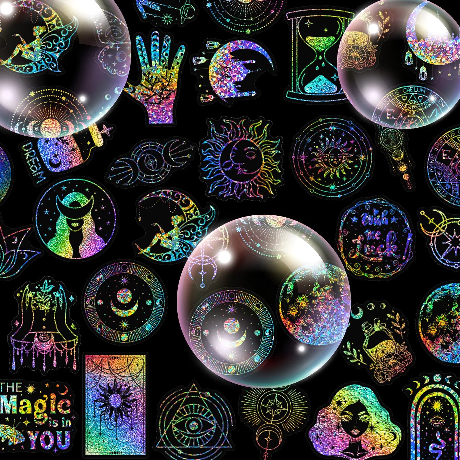 100 PCS Colorful Laser Magic PET Stickers Aesthetic for DIY Guitar Scrapbooking Suitcase Water Bottle Phone Laptop Skateboard