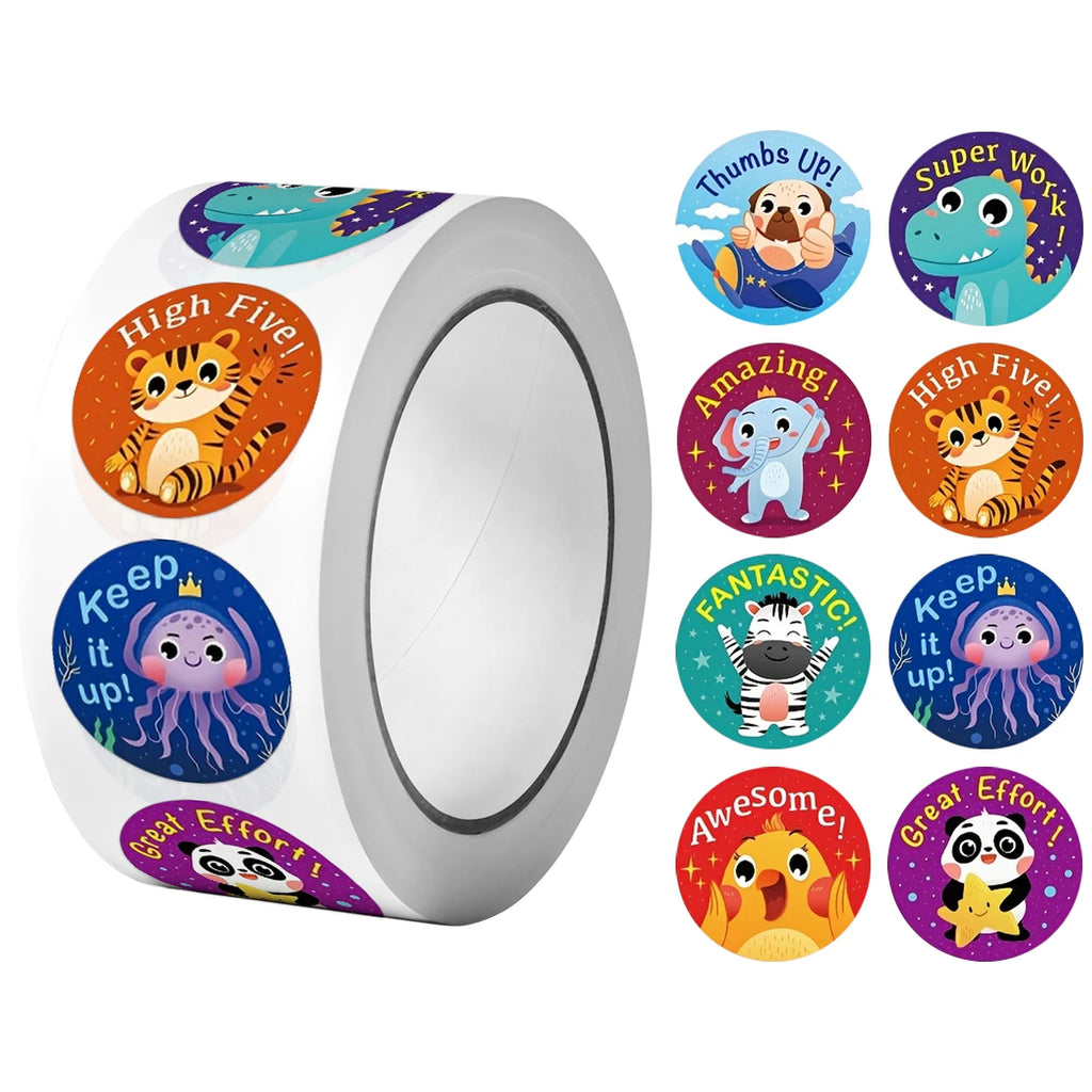 1Roll(500Pcs) Cute Animals Reward Stickers for Students 1.0'' Round 8 Designs Decal Diy Adorn Gifts Package Home Decoration