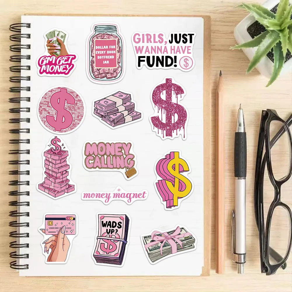 50PCS Money Pink Fun Stickers DIY Manual Speaker Decorative Bag Notebook Water Cup Label Stickers