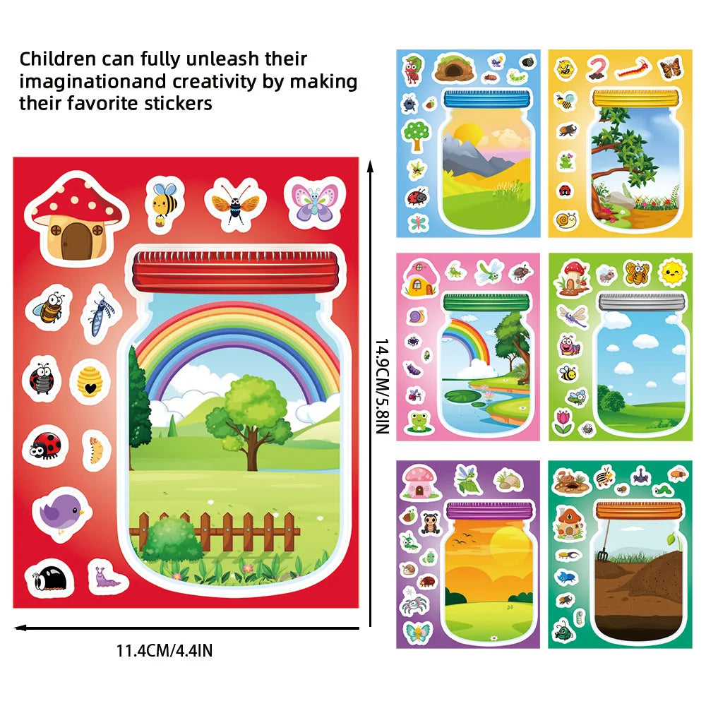 8/16/24Pcs Cartoon Outdoor Bottled World Puzzle Stickers, DIY Fun Decals for Stationery Notebook Diary Fridge Storage Box