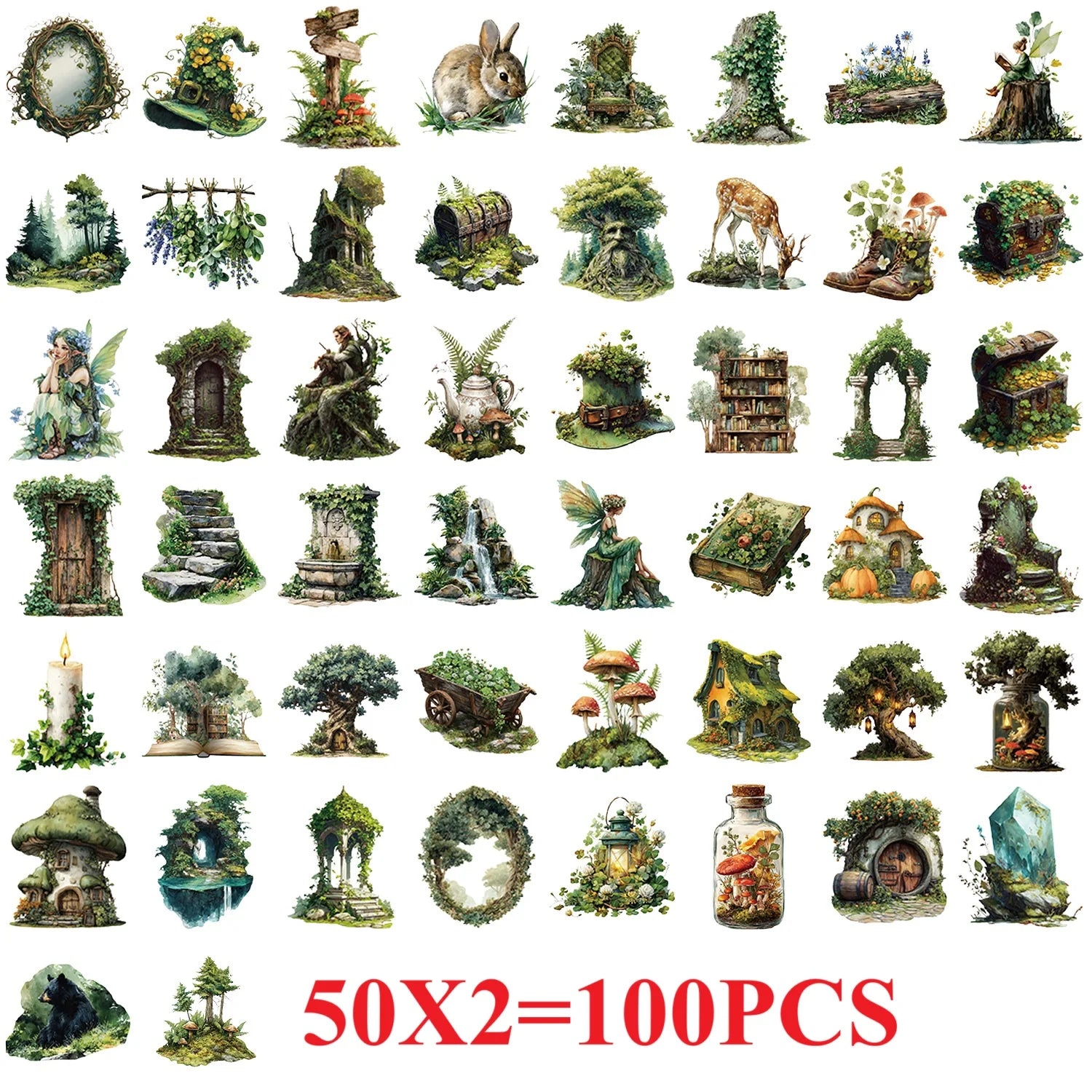 50/100PCS Cartoon Green Forest Sticker Pack Waterproof Transparent PET for Laptop Stationery Decoration Guitar Notebook Stickers