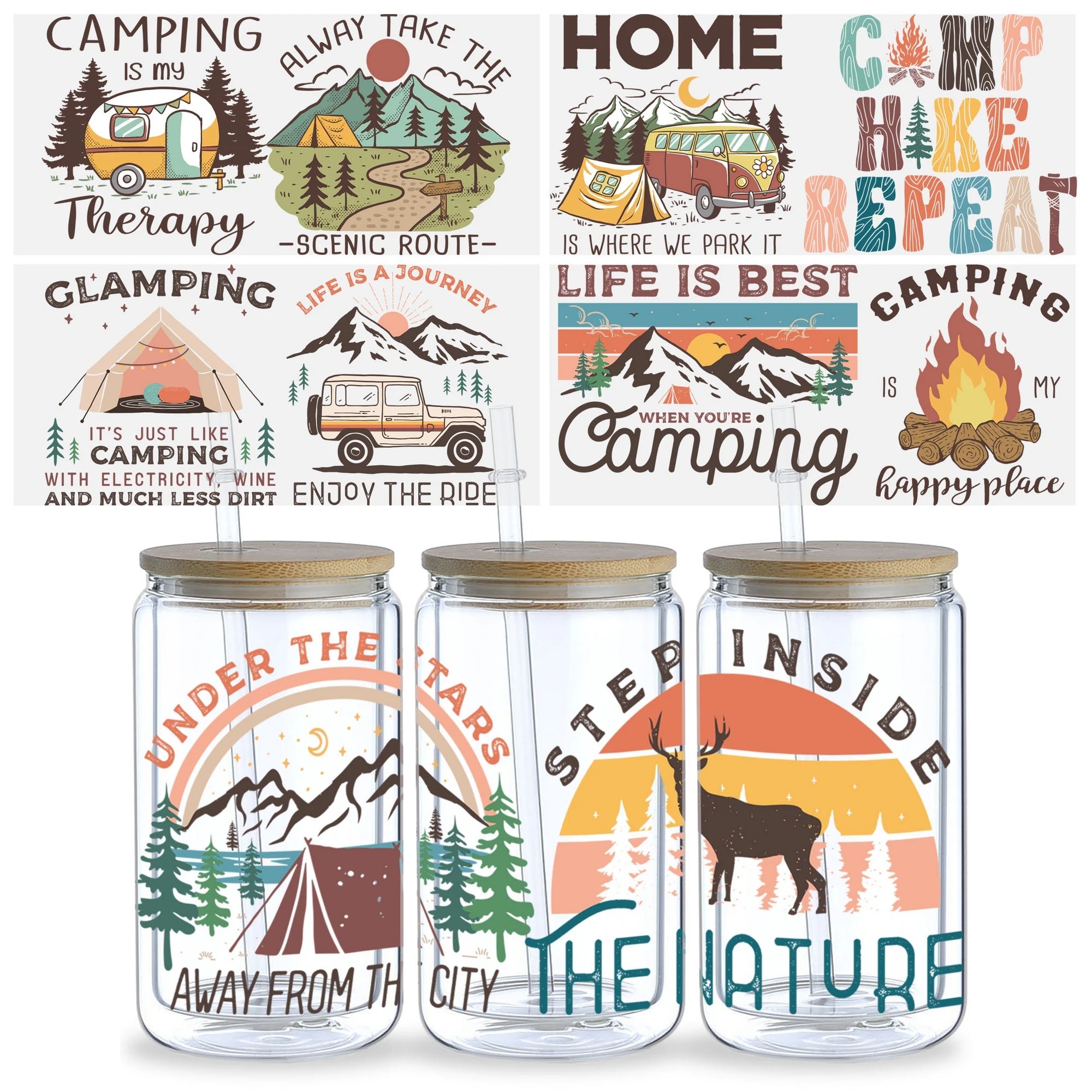 5 sheets Camping UV DTF Cup Stickers, Glass Cup Sports DTF Transfer Stickers, Waterproof Wipeable Transfer Paper