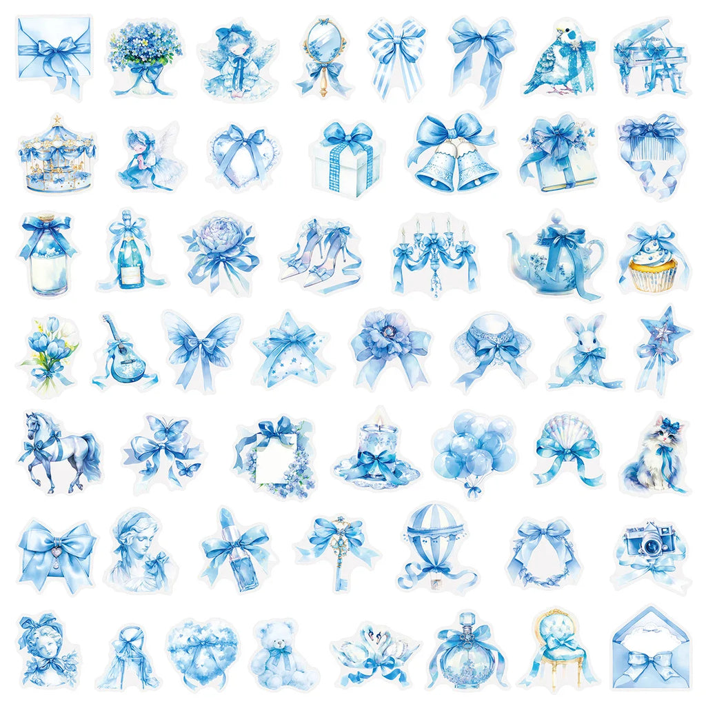 50PCS Transparent PET Blue Dreamy Bow Stickers Waterproof Stickers Stationery DIY Decor Plastic Stickers