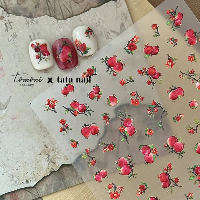 Jelly Fruits Nail Art Stickers Sweet Pomegranate Branch Self Adhesive Nail 3D Decorations Stickers DIY Chinese Nails Accessories