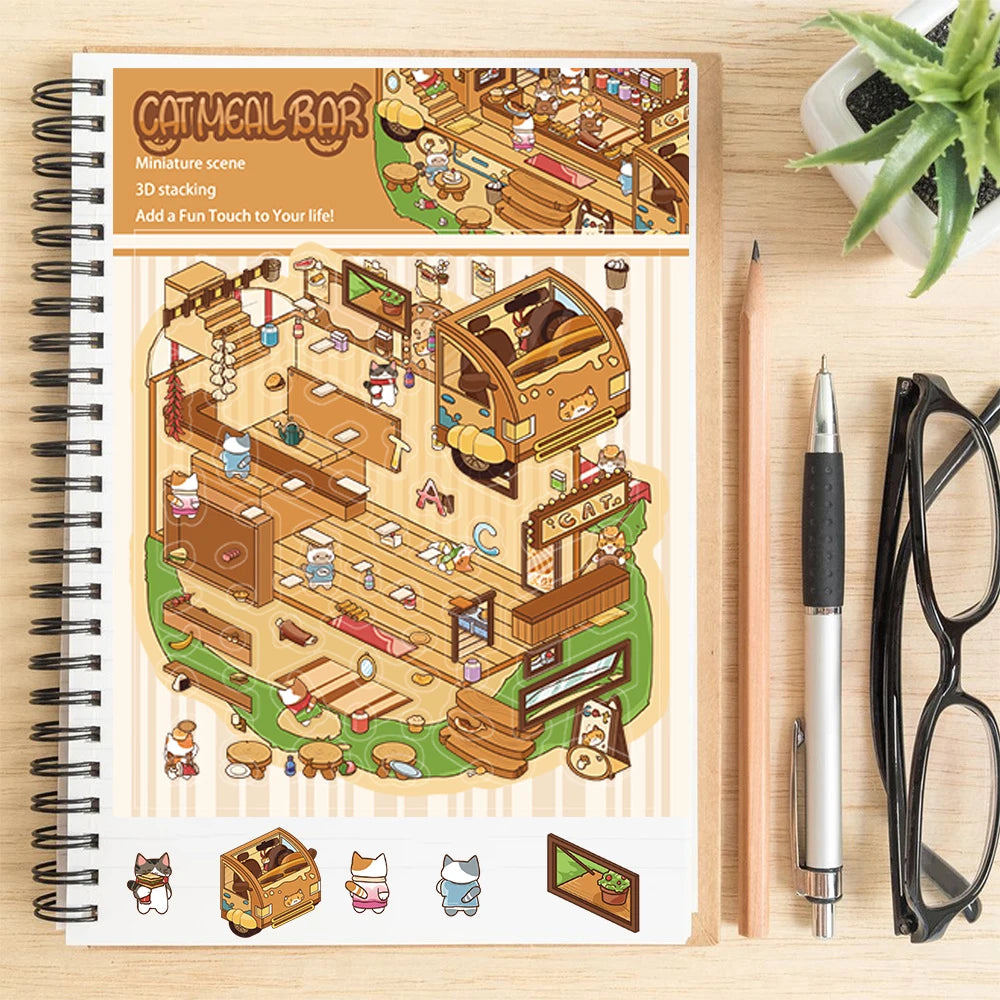 2PCS Cat Meal Bar Landscape Landscaping DIY Scene Stickers Art Picture Scrapbook Cafe Living Room Personalized Nostalgia Sticker