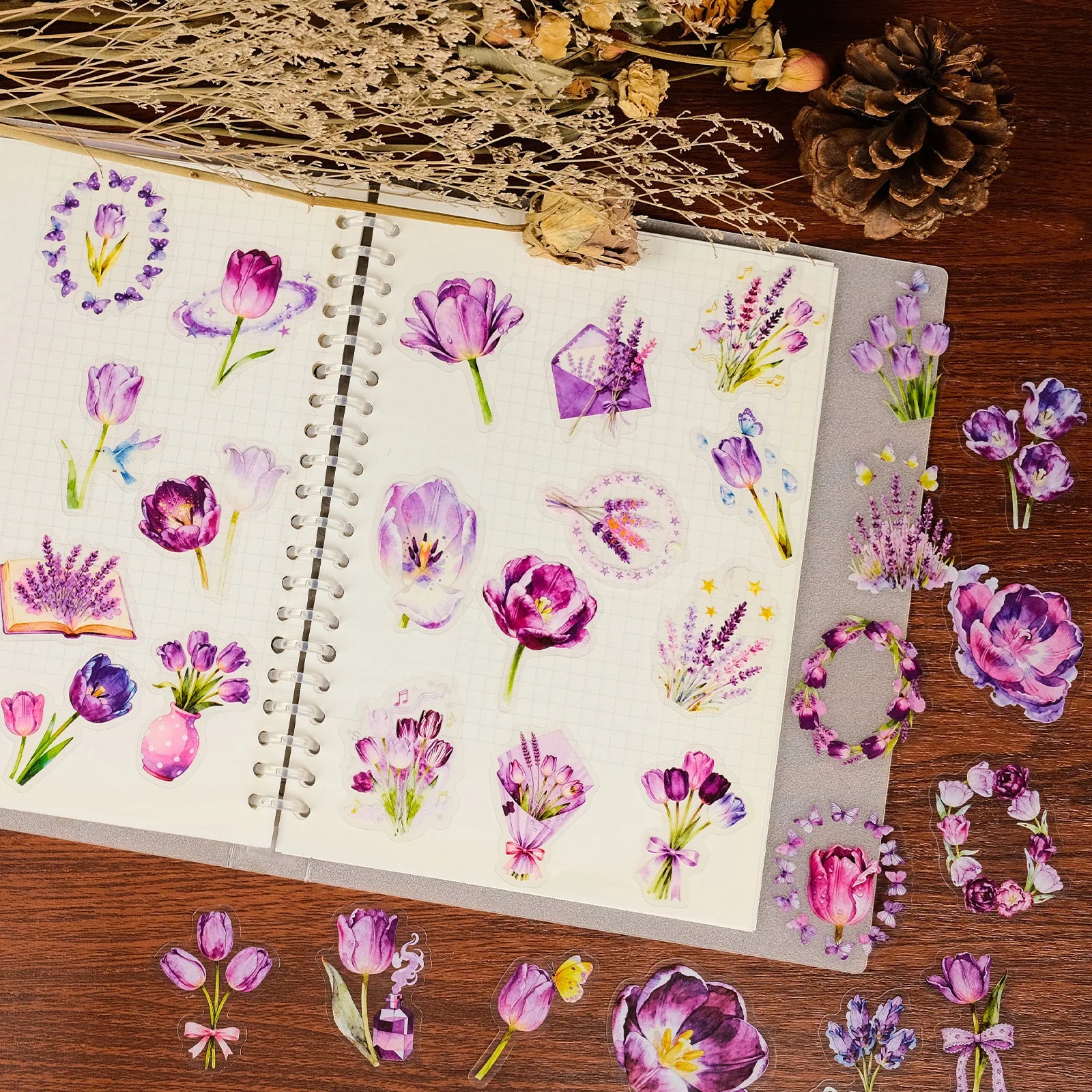 56Pcs Pack Purple Tulip PET Stickers Flower Aesthetic Decals for School Supplies Stationery Notebook Gift Box Fridge Luggage