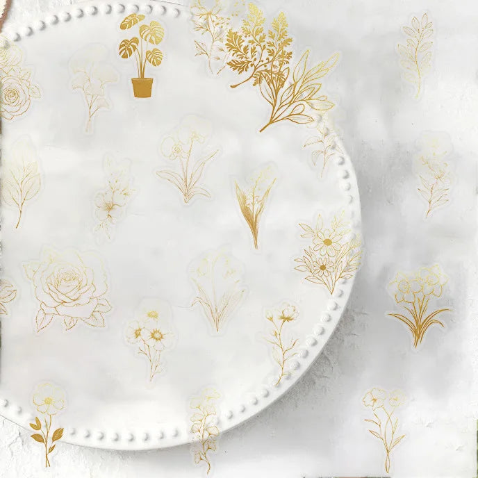 50 Pcs Cartoon Golden/Green Plant Stickers Pack, Waterproof Transparent PET Feather Scrapbook for Guitar Notebook Stationary