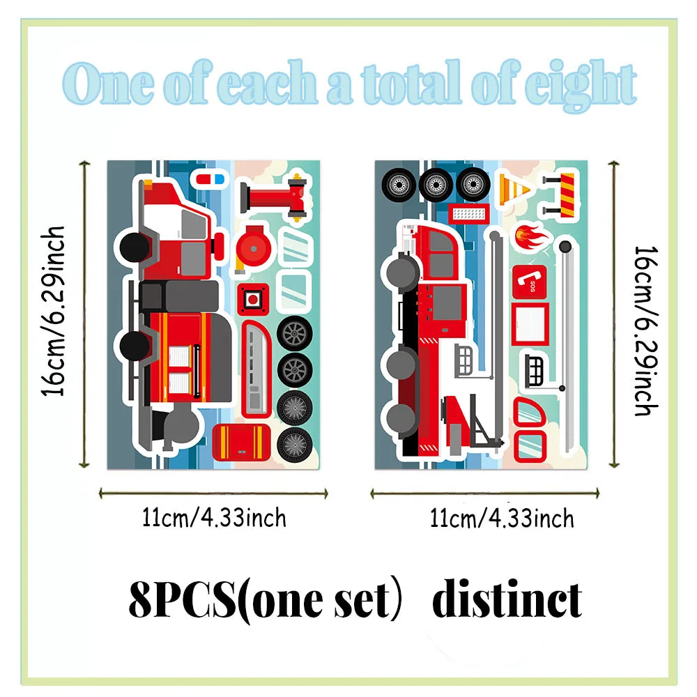 8PCS Fire Engineering Rescue Vehicle Creative Collage DIY, suitable for phone cases, tablets, and decorative toy stickers