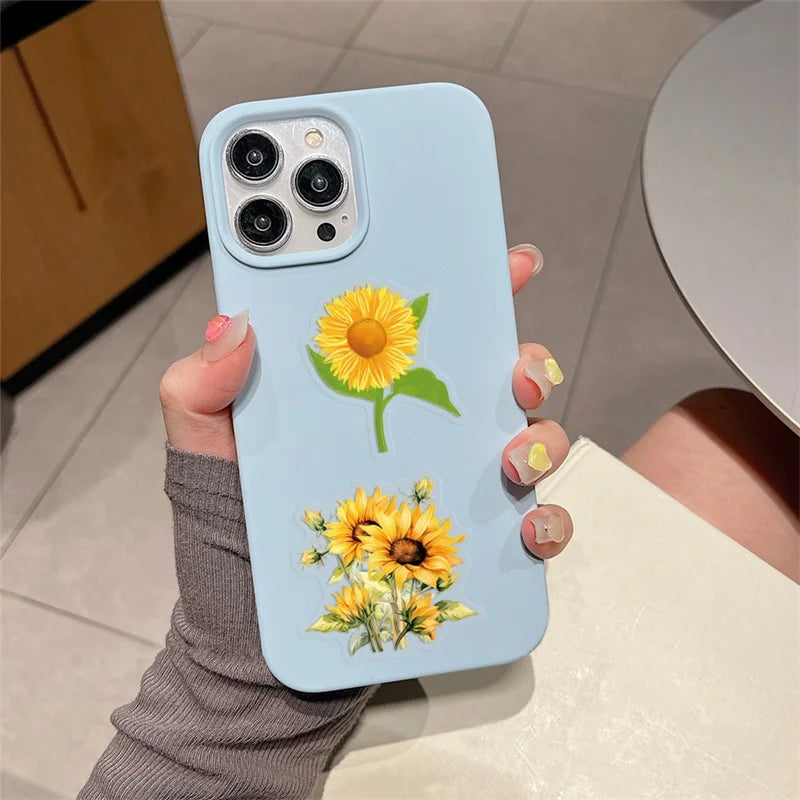 60PCS Kawaii Colored Sunflower PET Sticky Sticker Aesthetic Tear Open DIY Decoration Scrapbooking School Supplies for Kids