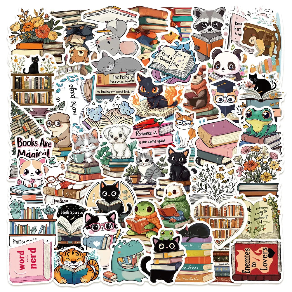 50/100PCS Animal Reading Animal Bookish Stickers Luggage Computer Phone Helmet Waterproof Stationery Stickers
