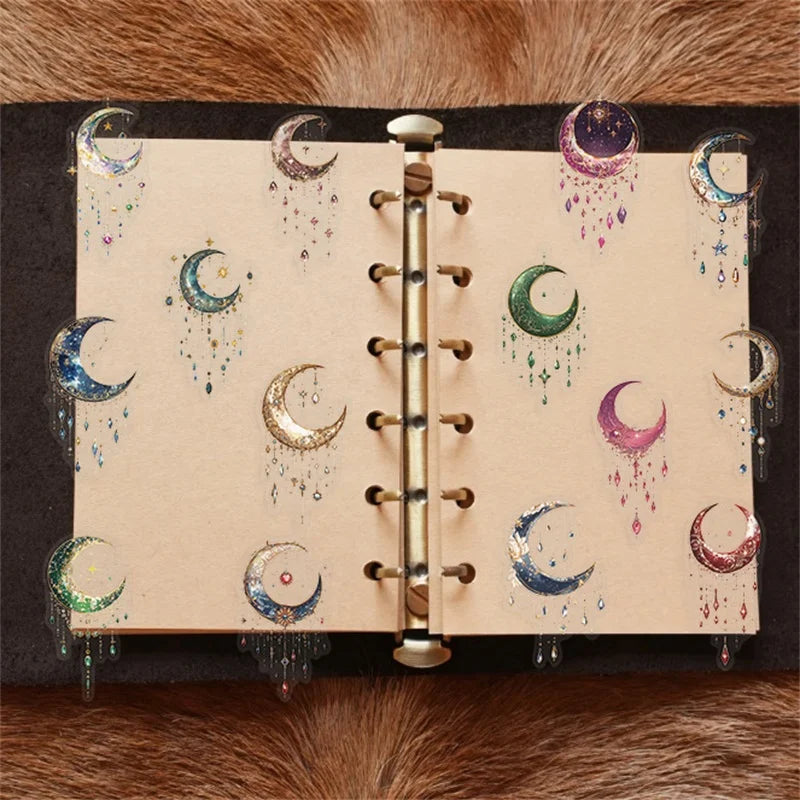 50PCS Dreamy Starry Moon PET Sticky Sticker Aesthetic Tear Open DIY Decoration Scrapbooking School Stationery Supplies for Kids