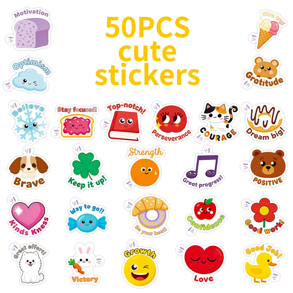 50PCS Cute Animal Encouragement Doodle Stickers, Notebook Stationery Phone Scooter Inspirational Phrase Decorative Art Sticker