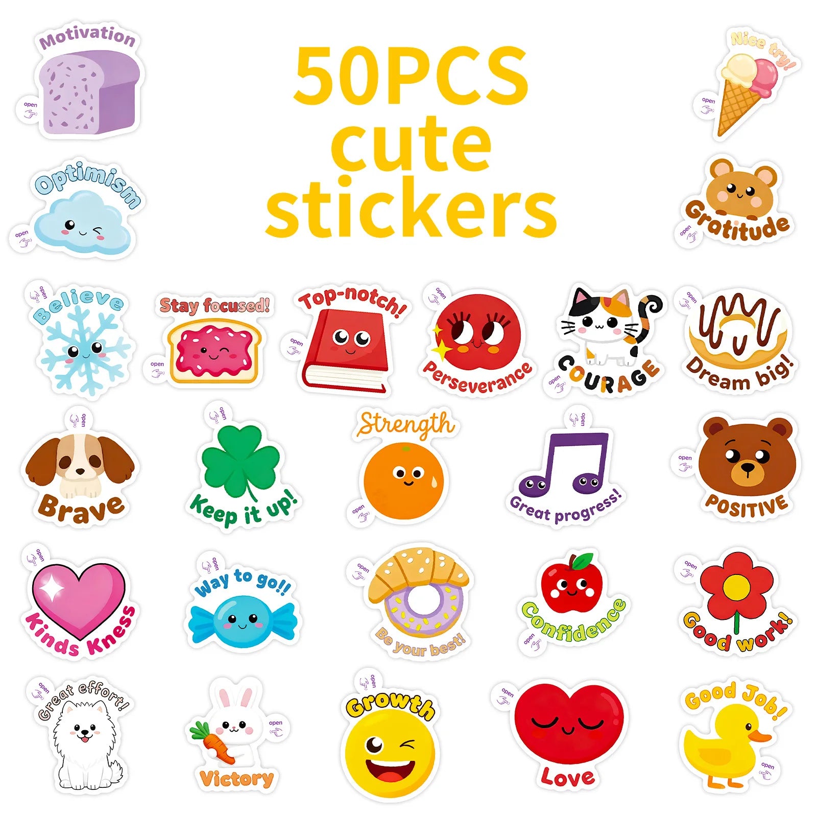 50PCS Cute Animal Encouragement Doodle Stickers, Notebook Stationery Phone Scooter Inspirational Phrase Decorative Art Sticker