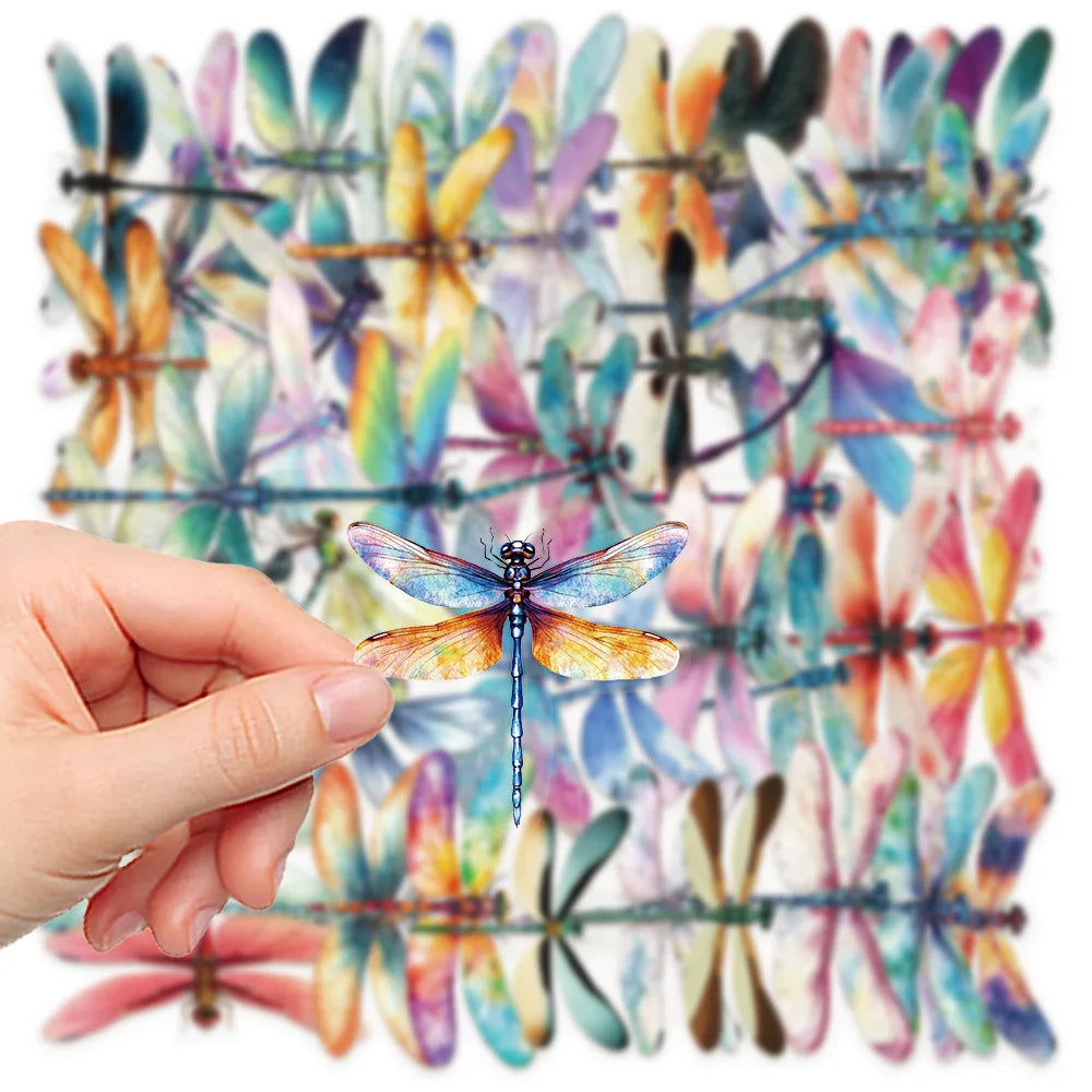 50 Pcs Cartoon Colorful Dragonfly Stickers PET Material Decorative Luggage, Refrigerator, iPad Water Cup Waterproof Stickers
