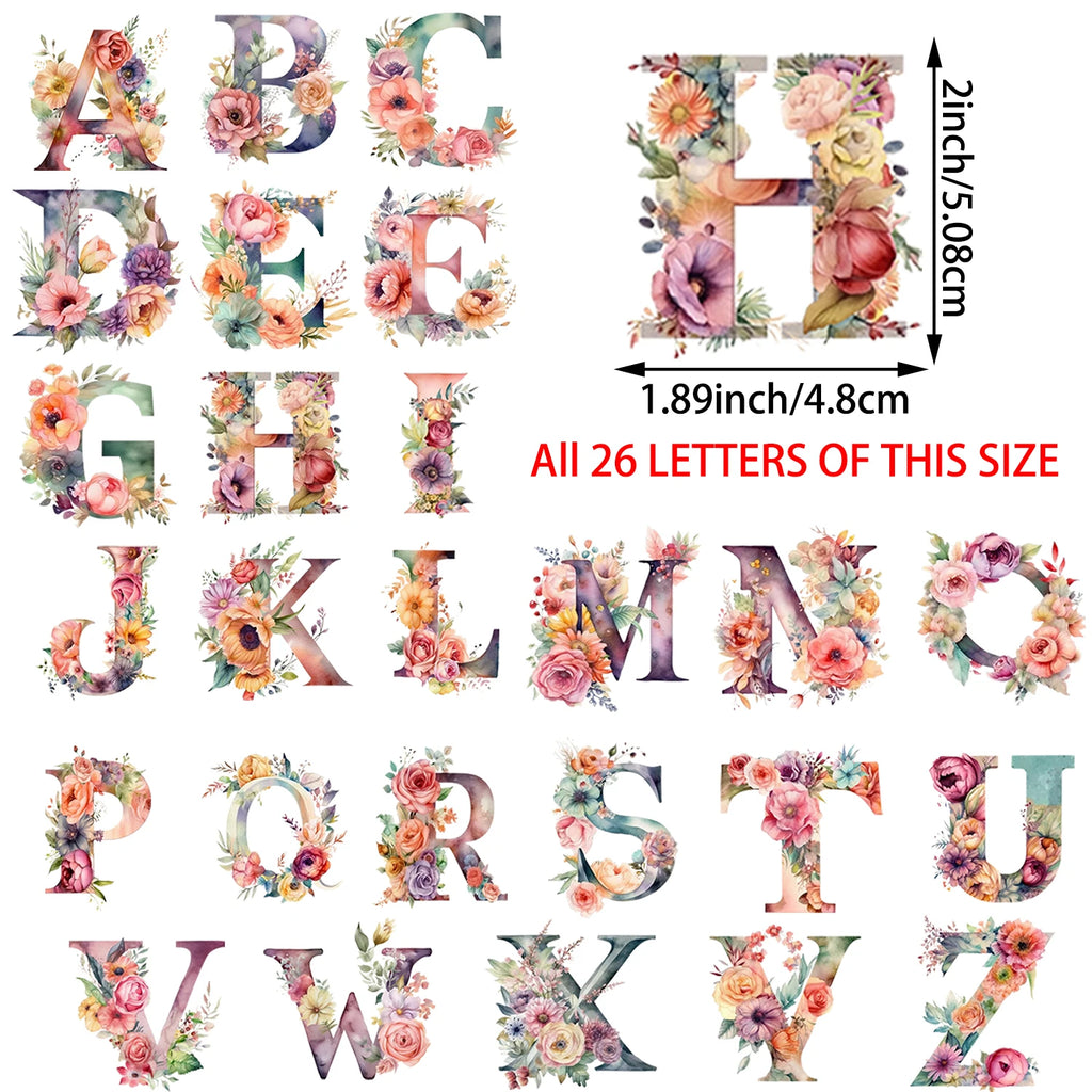2 Sets of 2 Inch Personalized Floral English Alphabet Theme Print Iron-On Decals for Heat Transfer Galaxy Inspirational Decals
