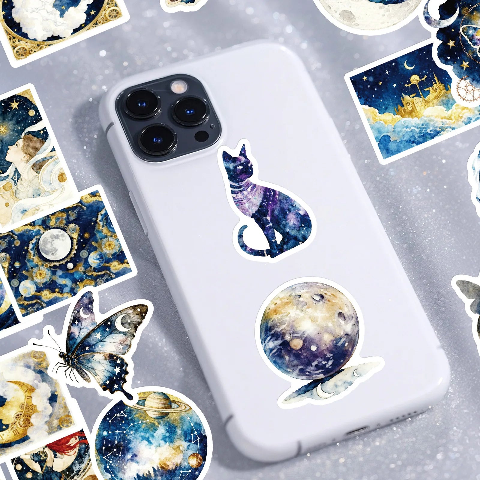 56PCS Dreamy Galaxy Blue Gold Stickers, Phone Tablet Student Stationery Creative Fantasy Decorative Waterproof Art Sticker
