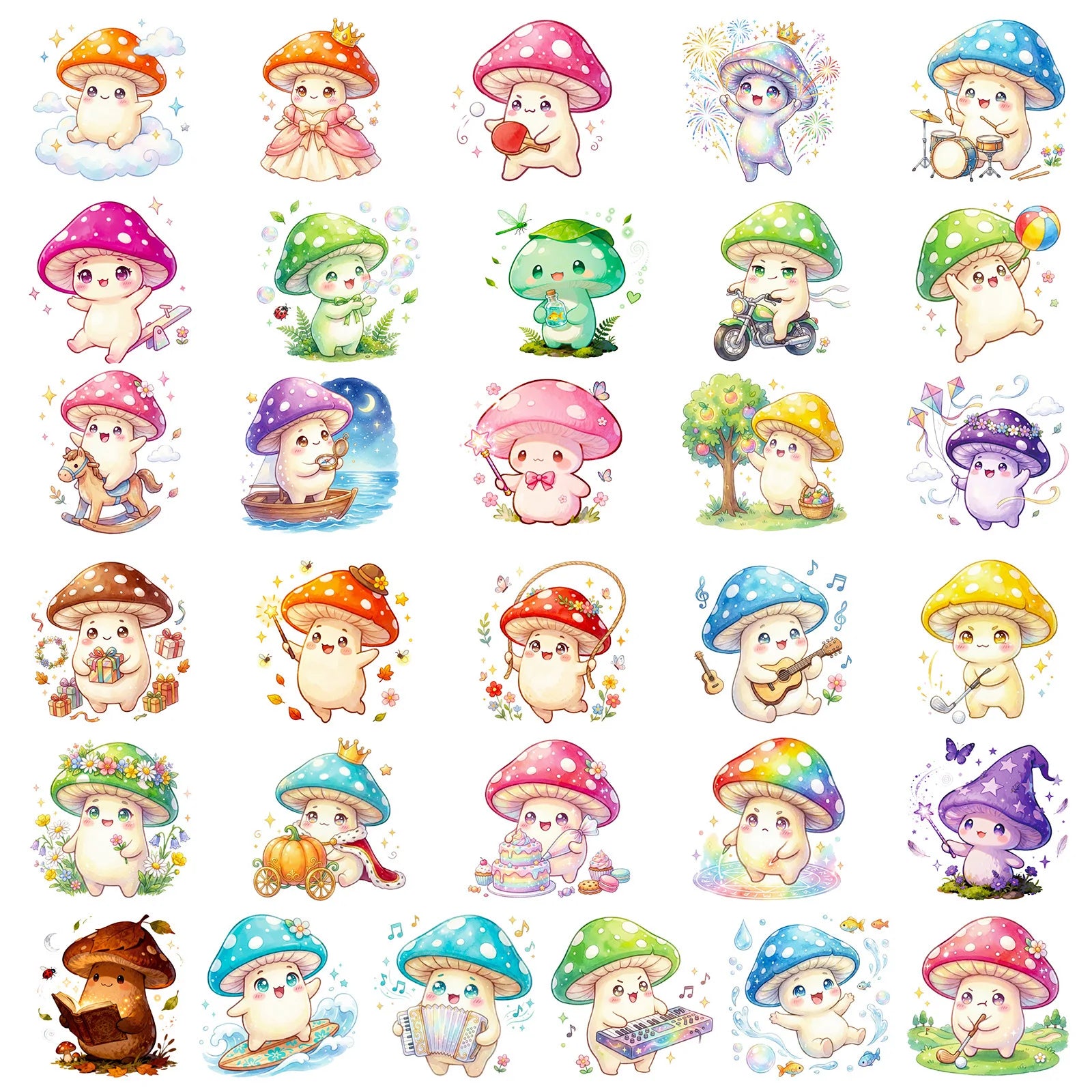 56-Pack Cute Mushroom Children's Stickers Waterproof Decals for Notebook Luggage Fridge Helmet Guitar Student Supplies Decor