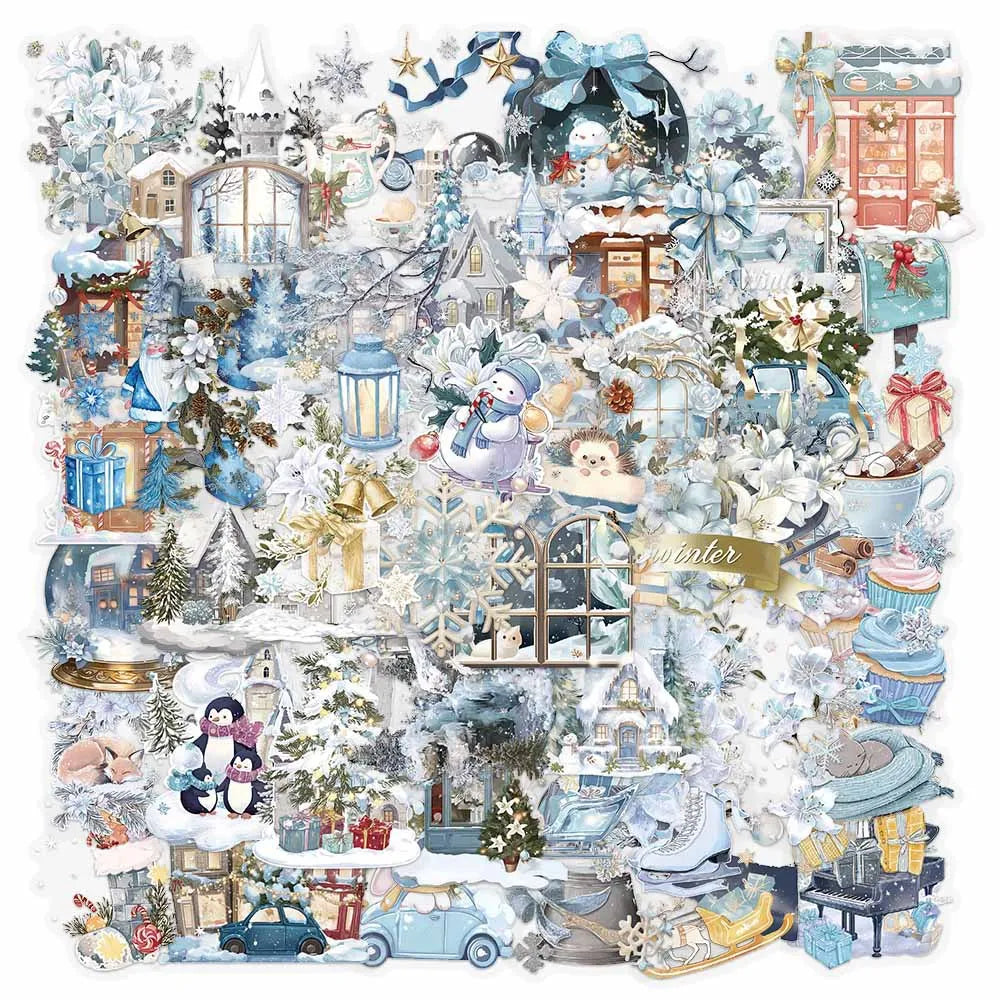 50-Pack Winter Watercolor Transparent PET Stickers for Journal Phone Case Notebook DIY Waterproof Decoration