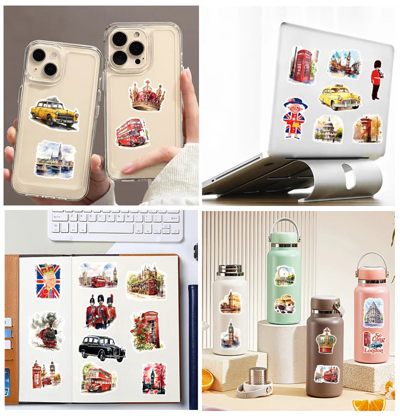 50-Pack Watercolor London Scene Stickers Students Guitar Notebook Luggage DIY Waterproof Decals
