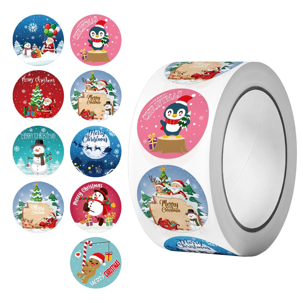 500Pcs/Roll Happy New Year Christmas Stickers 2.5cm/1.0in DlY Merry Christmas Decoration Label Perfect For Adorning Gift