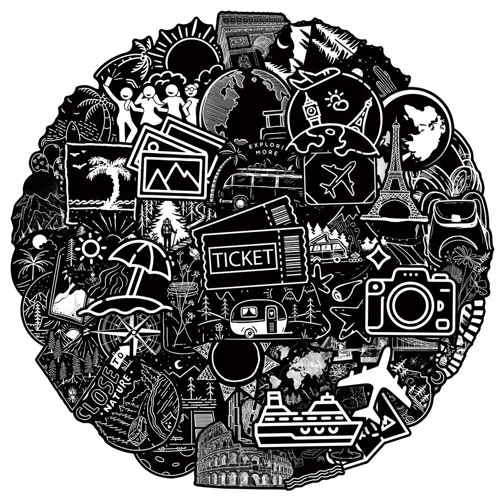 50PCS Black & White Outdoor Travel Cool Graffiti Stickers Decorative Phone Tablets Luggage Waterproof Sticker