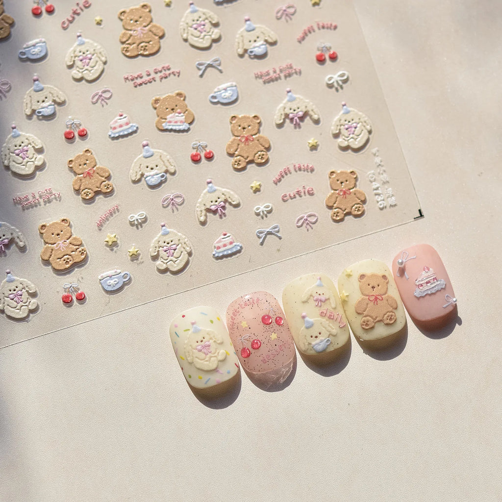 1PCS 5D Embossed Nail Sticker Cute Gray Cake Teddy Bear Bow Cartoon Nail Art Stickers Self Adhesive Nails Decorations Decals DlY
