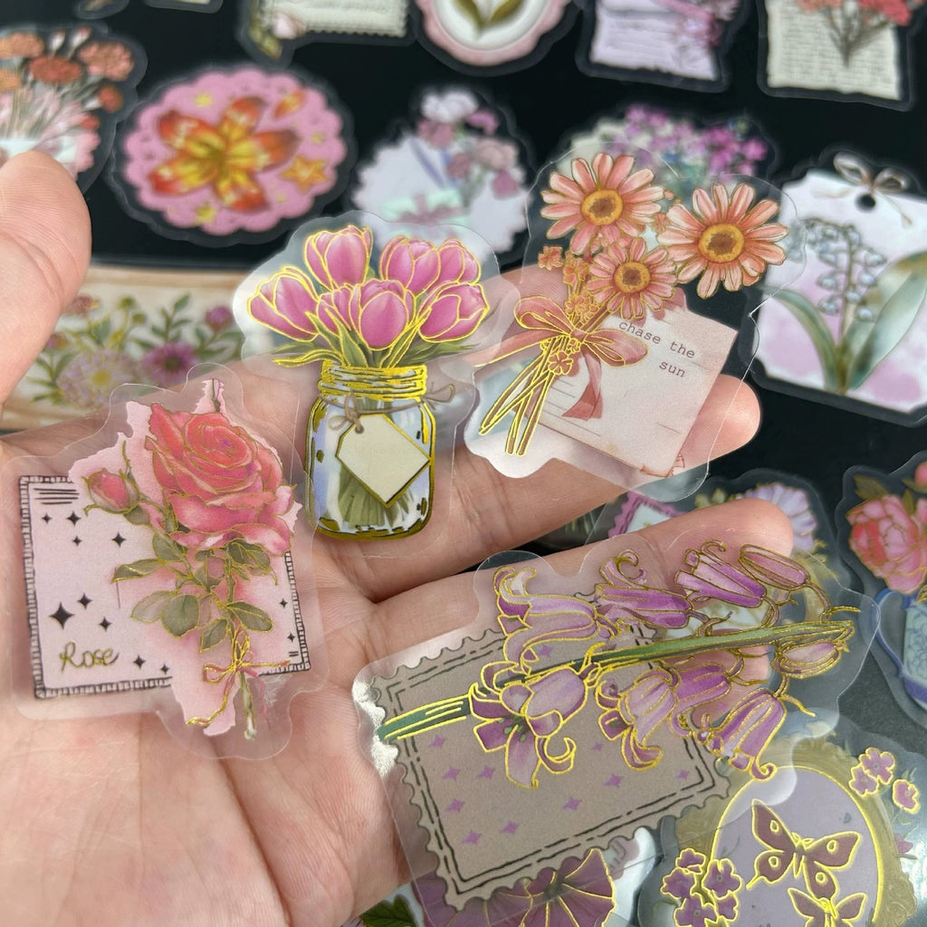 50/100PCS Cartoon Hot Stamping Flower Heart Language Sticker Pack Waterproof Transparent PET Decor Notebook Stationery Stickers