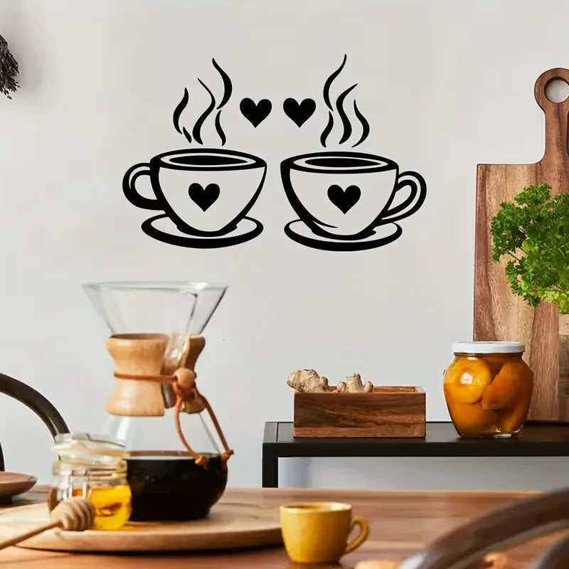 1pc Coffee Cup Wall Decorations Vinyl Kitchen Wall Decorations Sticker Black Coffee Tea Sign Decorative Flowery Wall Art Sticker