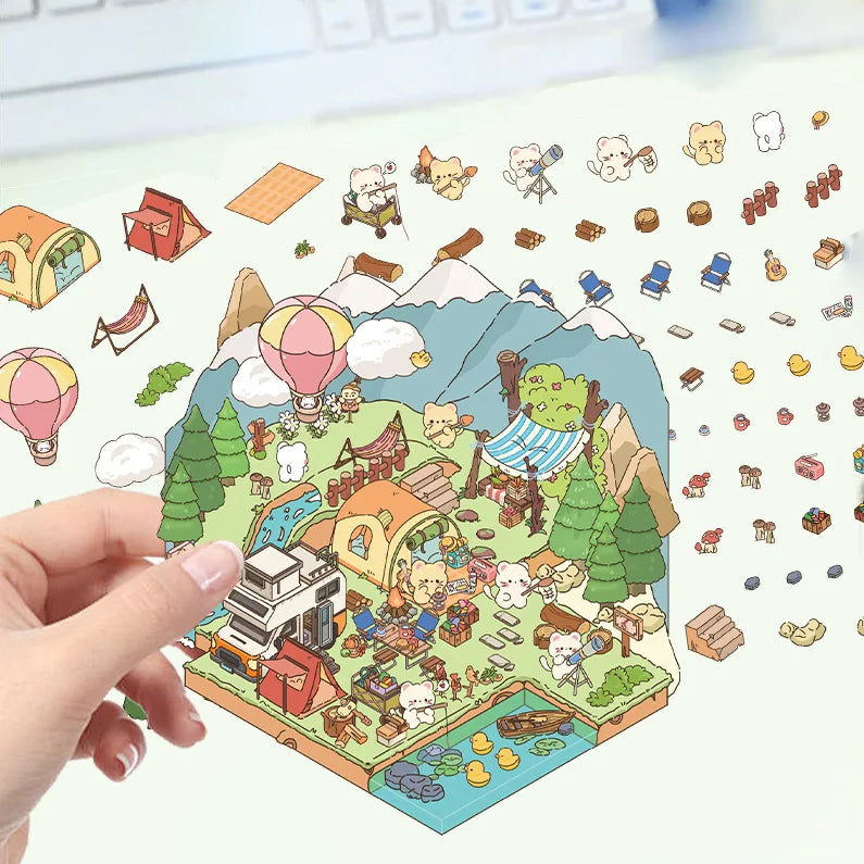 3D Cartoon Landscape Stickers Pink Candy House Miniature World 3D Small House Decompression DIY Scene Hand Account Stickers