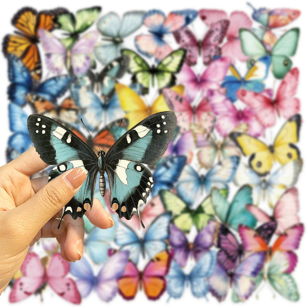 Variety 50PCS Cartoon Color Butterfly Sticker Pack Waterproof Transparent PET Decorative Guitar Notebook Stationery Stickers