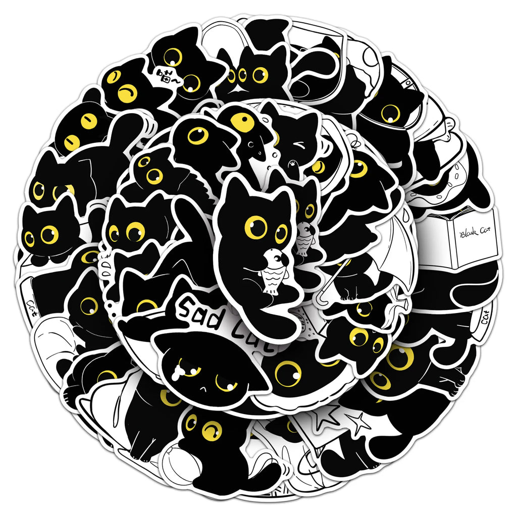 50/100PCS Cartoon Black Cat Daily Stickers Cartoon Cute Hand drawn Animal Creative Water Cup Ohone Stickers