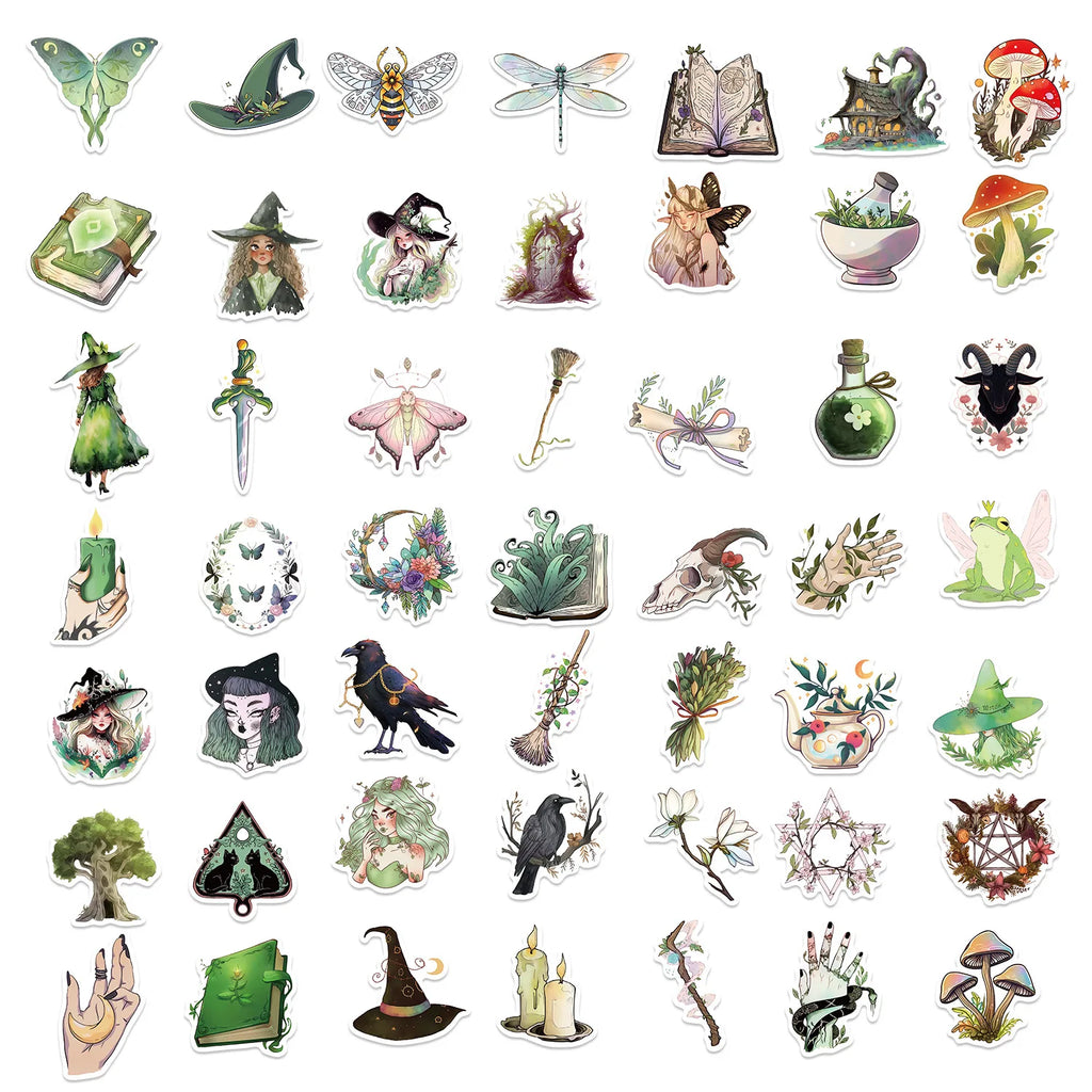 100PCS Pink & Green Cartoon Witch Graffiti Stickers Decorative Guitar Notebook Luggage DIY Waterproof Stationery Stickers
