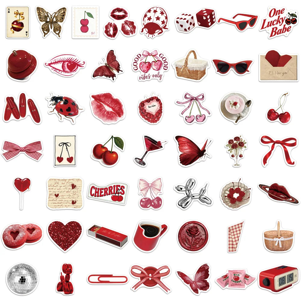 50PCS Cherry Colored Girl Decorative Stickers DIY Scrapbook Phone Case Laptop Tablet Toy Decorative Stickers