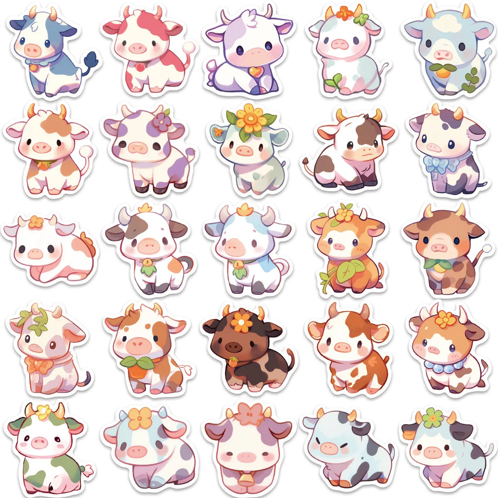 50pcs Rainbow Cow Cartoon Decals Graffiti Vinyl Waterproof Stickers for Adults Teen Decorated Suitcase Water Bottle DIY Phone