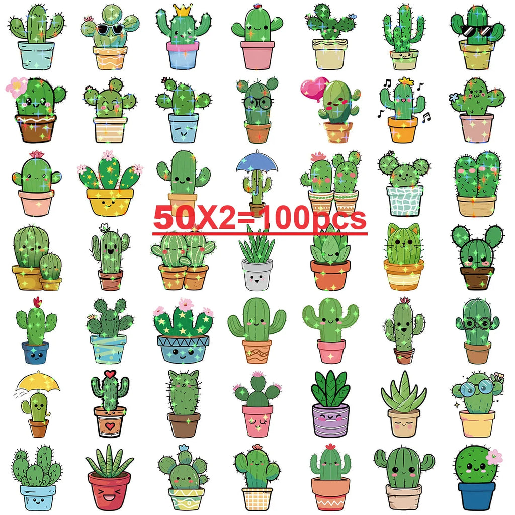 50PCS Holographic Cartoon Cactus Graffiti Stickers Decor Stationery Pen Holder Luggage Notebook DIY Waterproof Children Reward