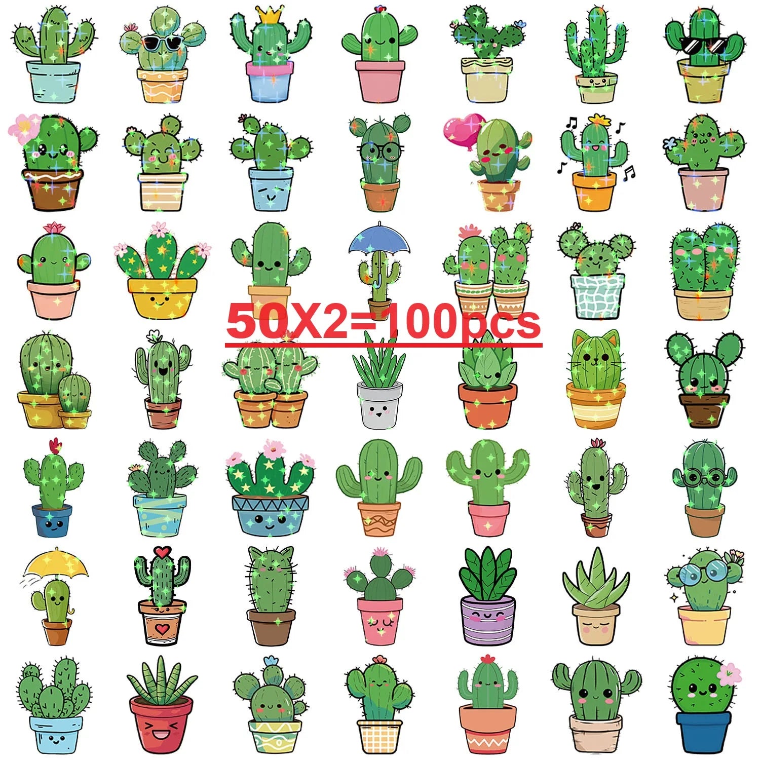 50PCS Holographic Cartoon Cactus Graffiti Stickers Decor Stationery Pen Holder Luggage Notebook DIY Waterproof Children Reward