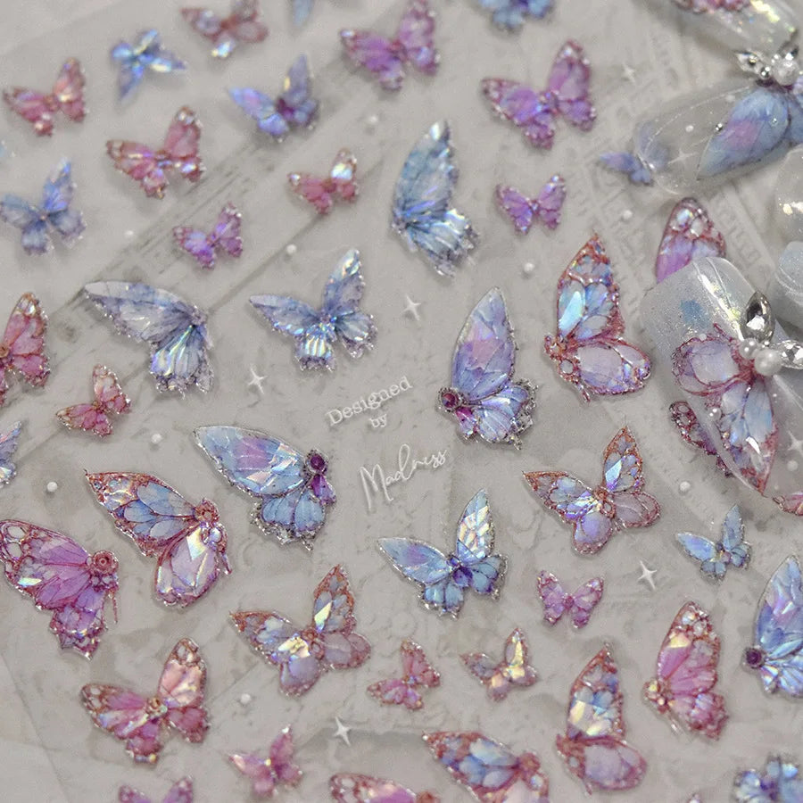 1pcs 5D Japanese Kawaii Butterfly Nail Stickers Luxury Glitter Shell Aurora Nail Art Decorations Decals DIY Manicure Slider Foil