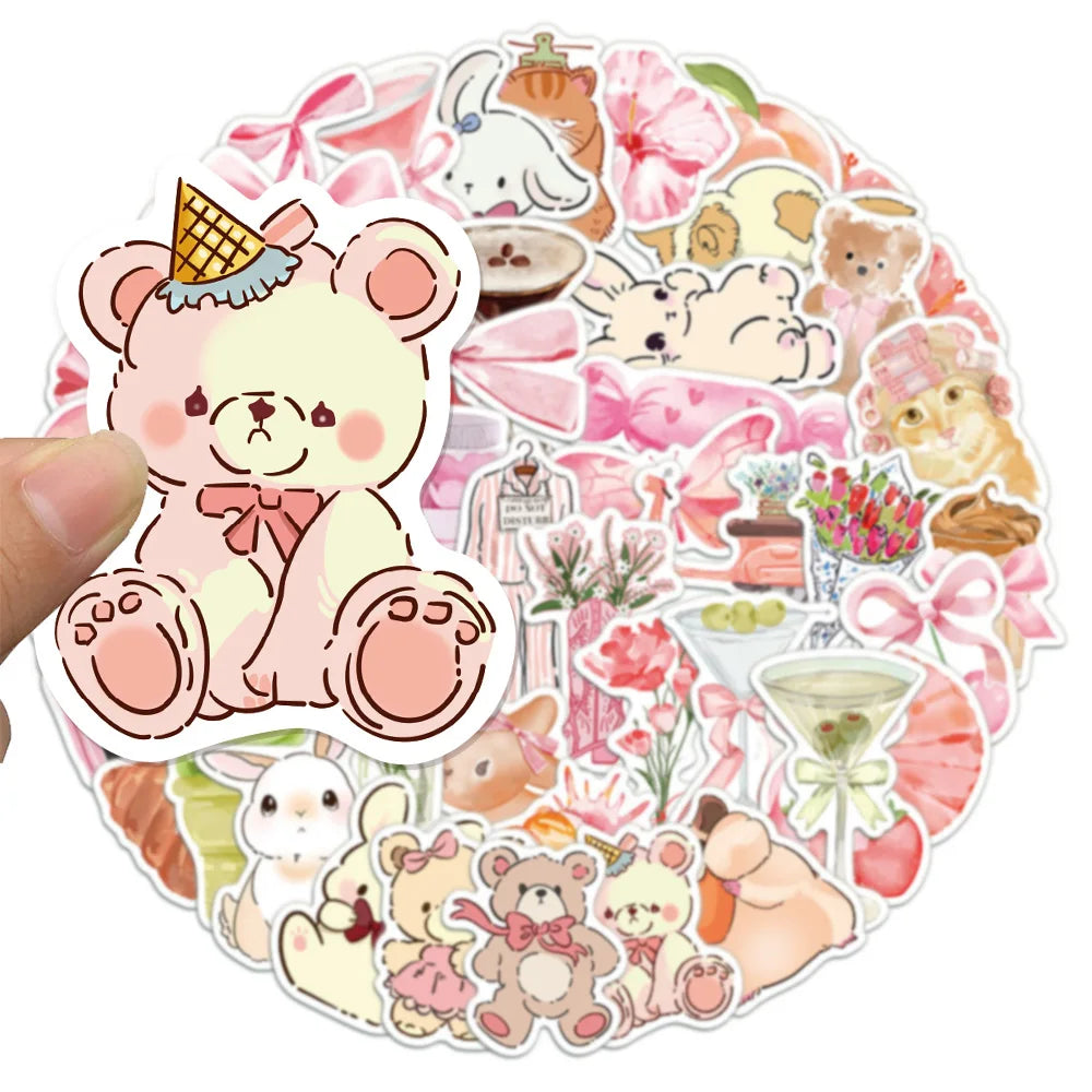 50PCS Cute Bear Pink Stickers Ins Style Cartoon Stickers Decoration DIY Phone Case Laptop Tablet Toy Stickers