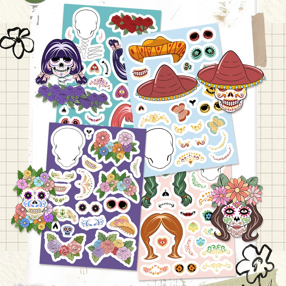8PCS Cartoon Mexican Day of the Dead Creative Decoration DIY Phone Case Luggage Tablet Puzzle Toy Stickers