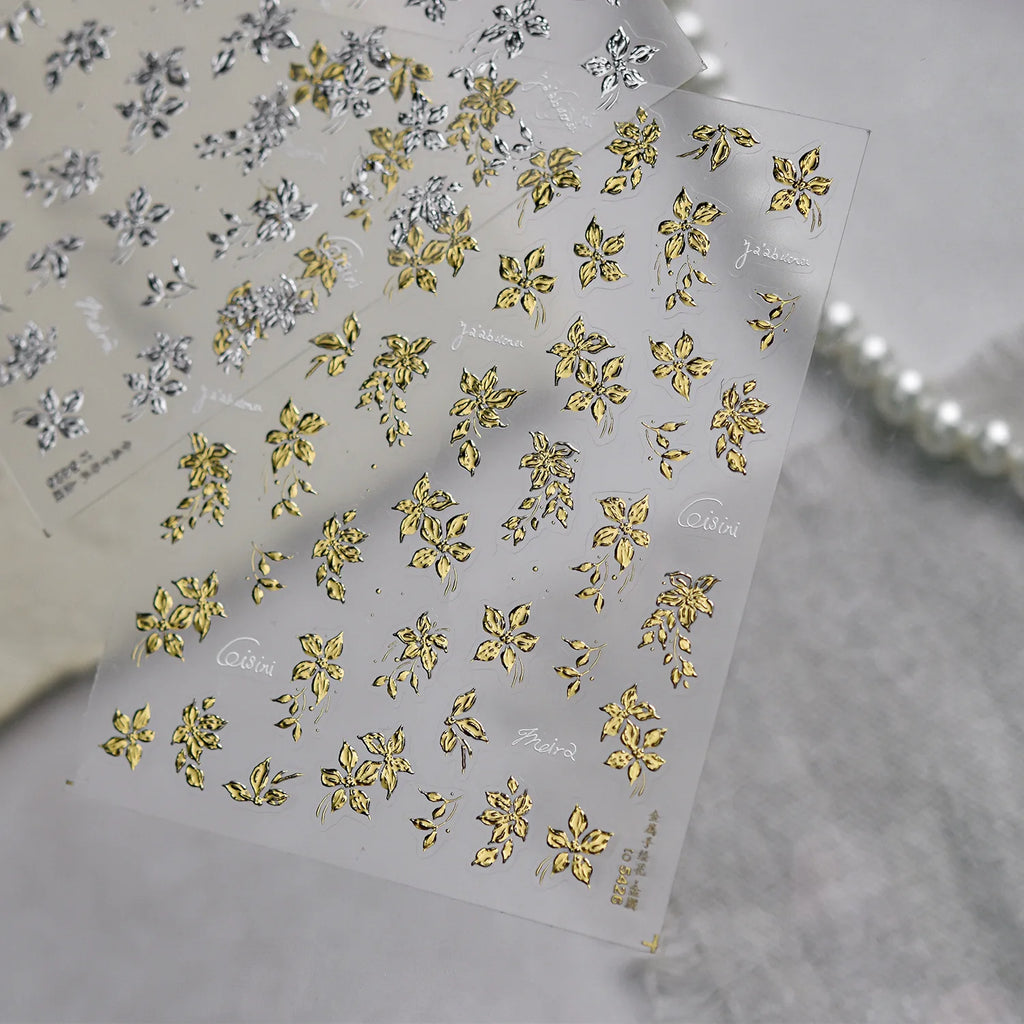 Luxury Metal Hand Painting Nail  Stickers Gold Silver Flowers Nail 3D Decorations Sticker DIY Adhesive Manicure Accessory Decals