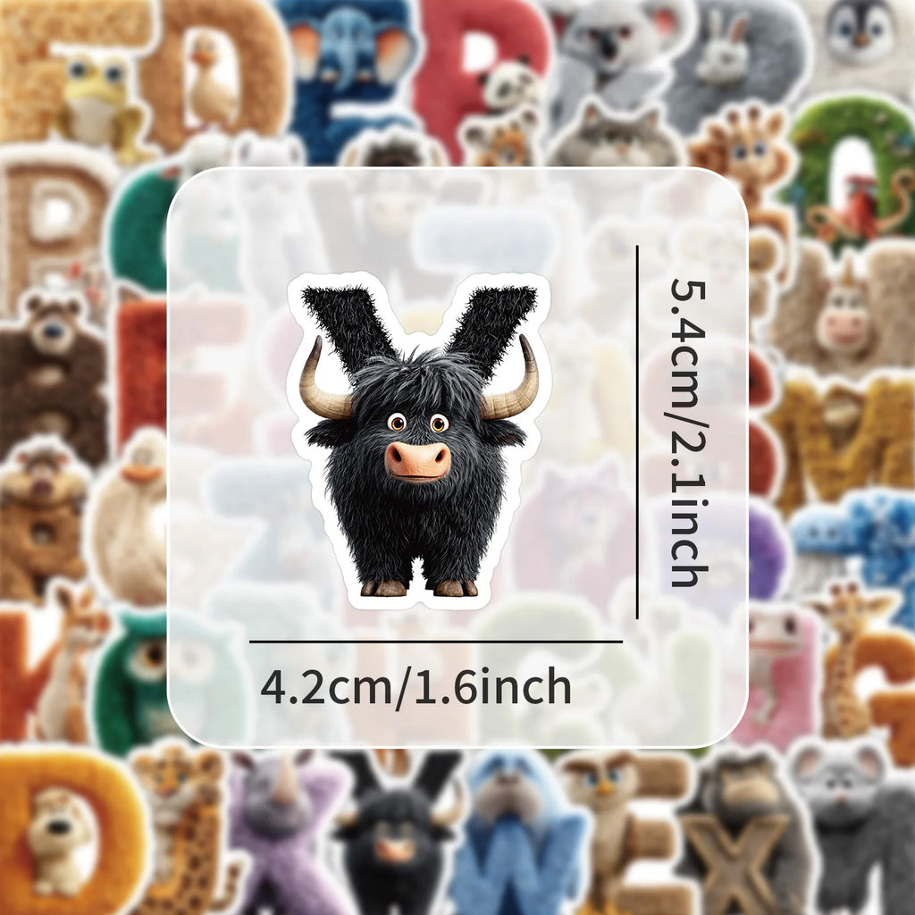 50-Pack Cartoon Animal Alphabet Graffiti Stickers DIY Phone Case Luggage Decoration Waterproof Student Stationery Stickers